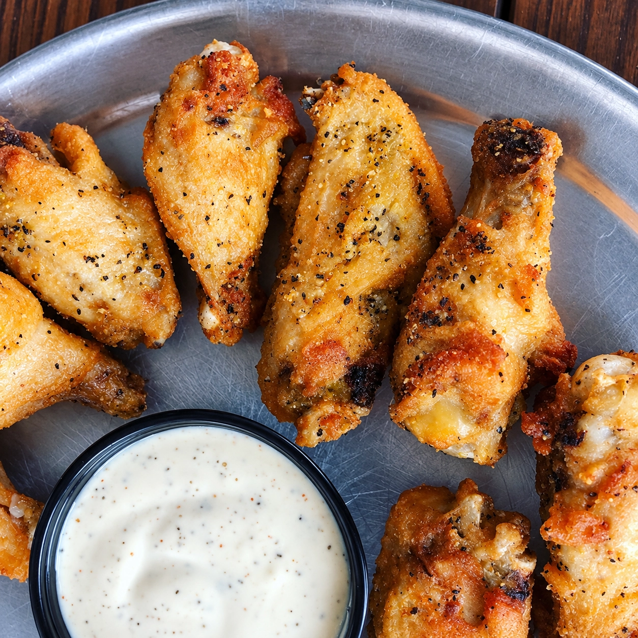 Golden seasoned wings served with creamy dipping sauce